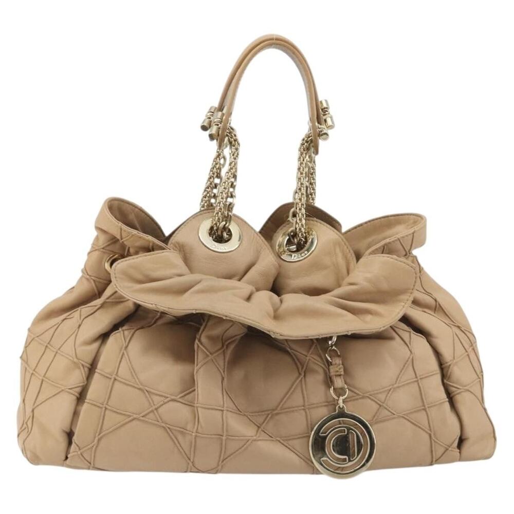 Dior Chain Drawstring Bag Beige Leather Handbag